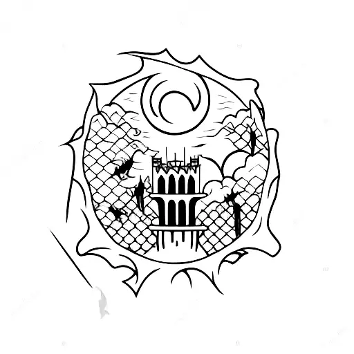 dracula castle over the full moon with bats tattoo design idea