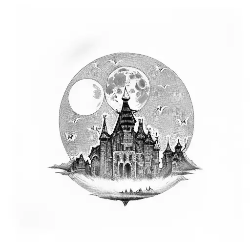dracula castle over the full moon with bats tattoo design idea