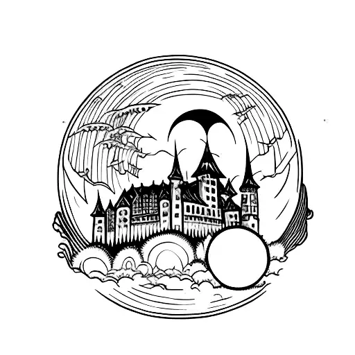 dracula castle over the full moon with bats tattoo design idea