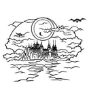dracula castle over the full moon with bats tattoo design idea