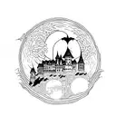 dracula castle over the full moon with bats tattoo design idea
