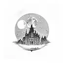 dracula castle over the full moon with bats tattoo design idea