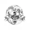 dracula castle over the full moon with bats tattoo design idea