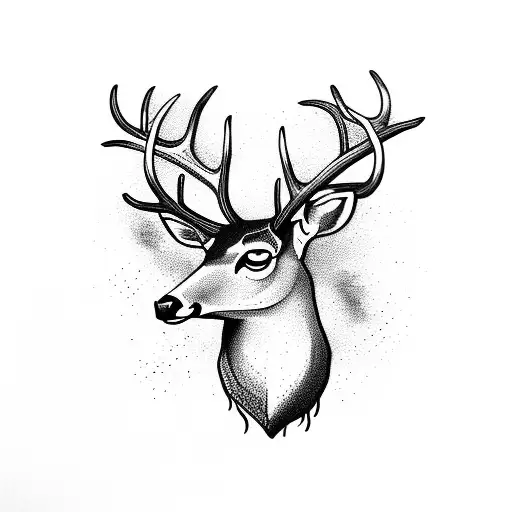 A majestic deer with antlers that transform into branches, surrounded by a dark forest tattoo design idea