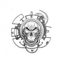 A motorcycle engine with gears and pistons forming a skull tattoo design idea