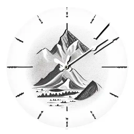 A clock with the time 5:14 with mountains and California imagery - combining Utah, Virginia and California  tattoo design idea