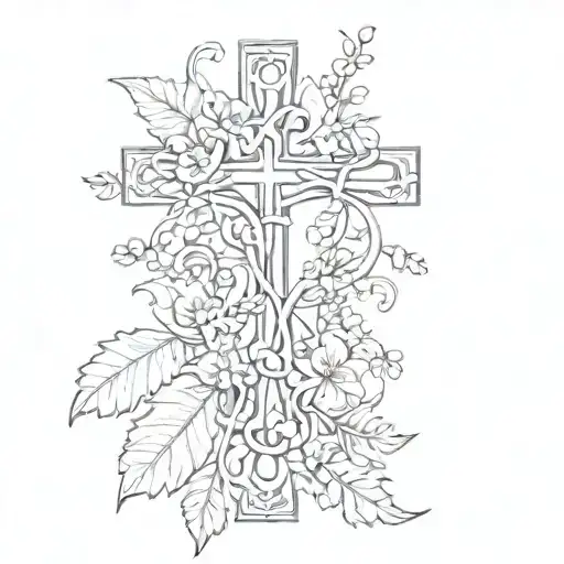 A sketch style tattoo of a vine of flowers wrapping around a cross, symbolizing the client's faith and love for nature tattoo design idea