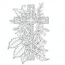 A sketch style tattoo of a vine of flowers wrapping around a cross, symbolizing the client's faith and love for nature tattoo design idea