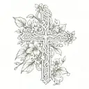 A sketch style tattoo of a vine of flowers wrapping around a cross, symbolizing the client's faith and love for nature tattoo design idea