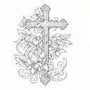 A sketch style tattoo of a vine of flowers wrapping around a cross, symbolizing the client's faith and love for nature tattoo design idea