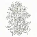 A sketch style tattoo of a vine of flowers wrapping around a cross, symbolizing the client's faith and love for nature tattoo design idea