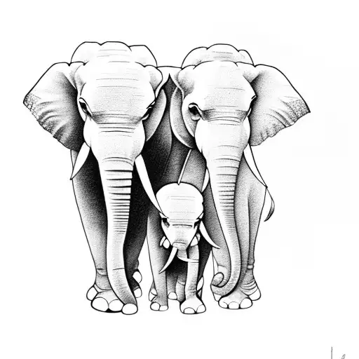 2 adult elephants with 3 small elephants hugging tattoo design idea