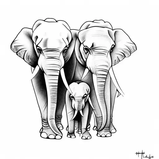 2 adult elephants with 3 small elephants hugging tattoo design idea