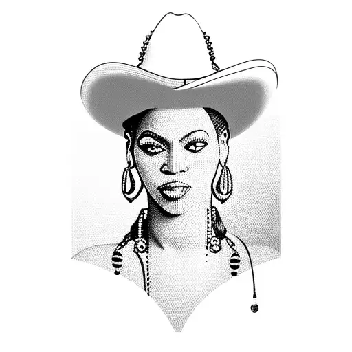 Beyonce, Silhouette Cowgirl, Fedora, Side Profile Looking Down, Top Half Cowgirl, Tribal Bottom half blend  tattoo design idea