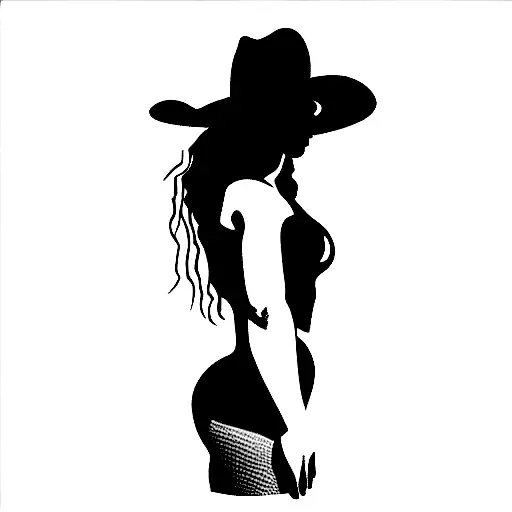 Beyonce, Silhouette Cowgirl, Fedora, Side Profile Looking Down, Top Half Cowgirl, Tribal Bottom half blend  tattoo design idea
