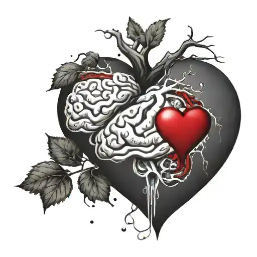 a realistic heart and brain, connected together, symbolizing balance. Both elements should be equally prominent tattoo design idea