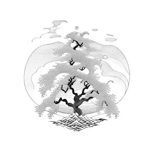 a willow tree with a sea wave tattoo design idea