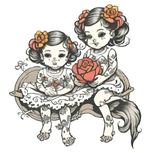 twin girls painting. mural tattoo style of pure love and happiness  tattoo design idea