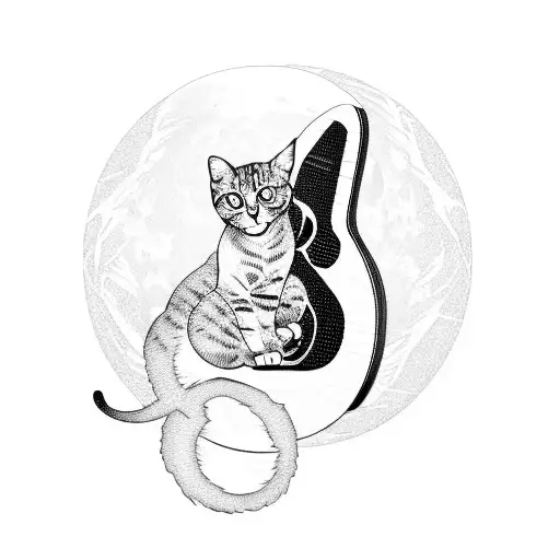 A blackwork tattoo of a guitar merging with a cat silhouette under a full moon tattoo design idea