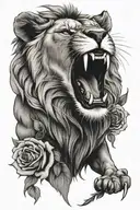 lion roaring mouth open on roses tattoo design idea