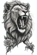 lion roaring mouth open on roses tattoo design idea