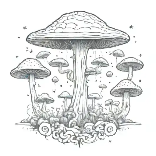 A mind-bending tattoo of a cosmic traveler meeting alien beings in a psychedelic mushroom field tattoo design idea