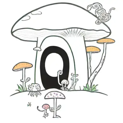 A dimensional portal opening up to a psychedelic mushroom forest with alien eyes peeking through tattoo design idea