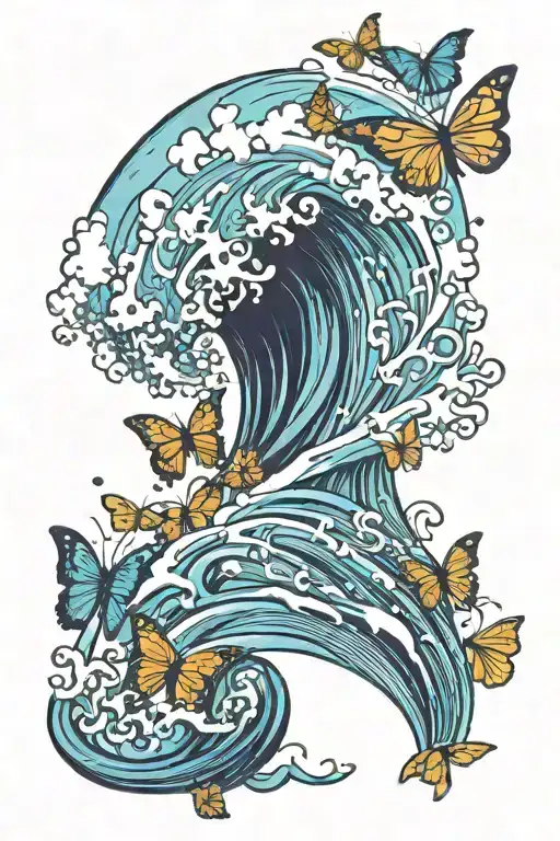 wave with simi colon and butterflys tattoo design idea