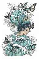 wave with simi colon and butterflys tattoo design idea