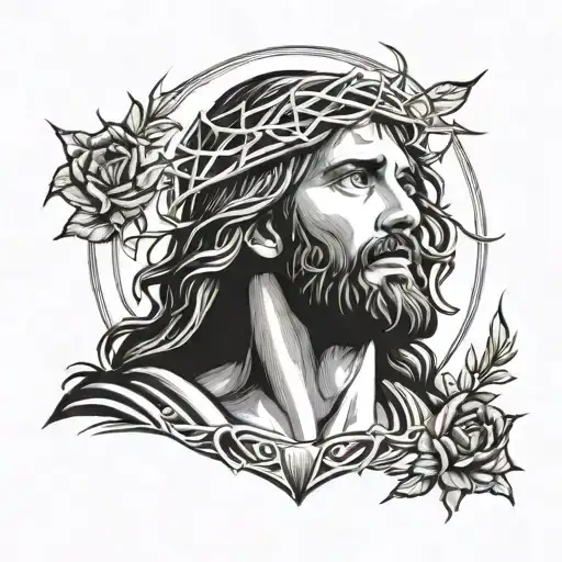 A stylized portrait of Jesus Christ with rays of light emanating from his head, surrounded by a halo of thorns tattoo design idea