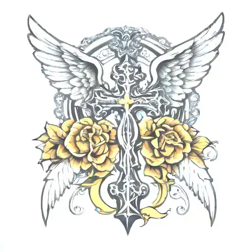 CROSS WITH ARCH ANGEL WINGS  tattoo design idea