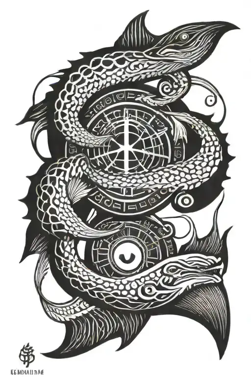 gemini whale 52 hz whale yin yang dragon ouroboros birthday 03-07-1983 roman numerals tattoo design idea