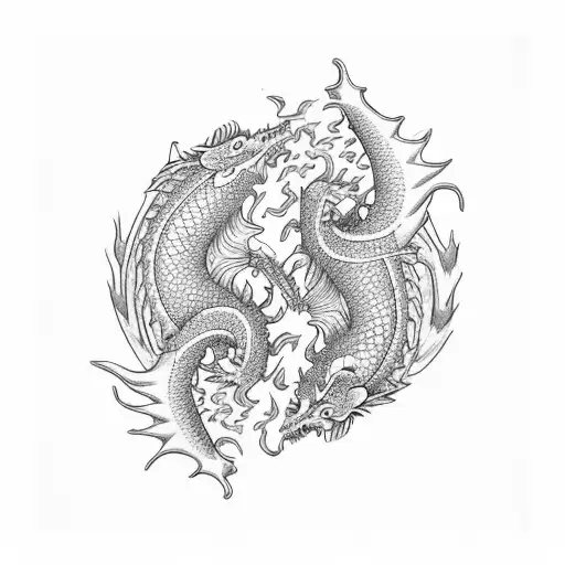 dragon and a koi fish with each other's tails in their mouths in a circle with Fire and Water and a ting and tang theme tattoo design idea