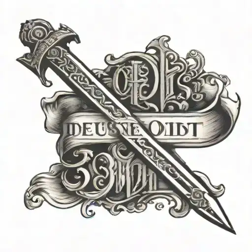 A sword piercing a bible with the word "Deus me odit et ego eum odi" spelled tattoo design idea