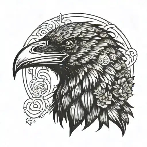 head of a crow with a dragon body little lines tattoo design idea
