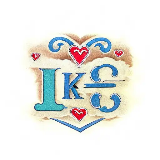 letters K,M,E,C,J,V,A,J,V,S,A,A,I connected with hearts tattoo design idea