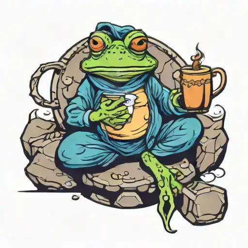 Frog sitting on the round stone, holding a cup of tea, having a sword behind its back in sheath tattoo design idea
