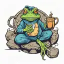 Frog sitting on the round stone, holding a cup of tea, having a sword behind its back in sheath tattoo design idea