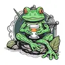 Frog sitting on the round stone, holding a cup of tea, having a sword behind its back in sheath tattoo design idea