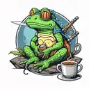 Frog sitting on the round stone, holding a cup of tea, having a sword behind its back in sheath tattoo design idea