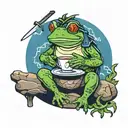 Frog sitting on the round stone, holding a cup of tea, having a sword behind its back in sheath tattoo design idea