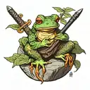 Frog sitting on the round stone, holding a cup of tea, having a sword behind its back in sheath tattoo design idea