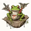 Frog sitting on the round stone, holding a cup of tea, having a sword behind its back in sheath tattoo design idea