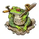 Frog sitting on the round stone, holding a cup of tea, having a sword behind its back in sheath tattoo design idea