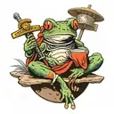 Frog sitting on the round stone, holding a cup of tea, having a sword behind its back in sheath tattoo design idea
