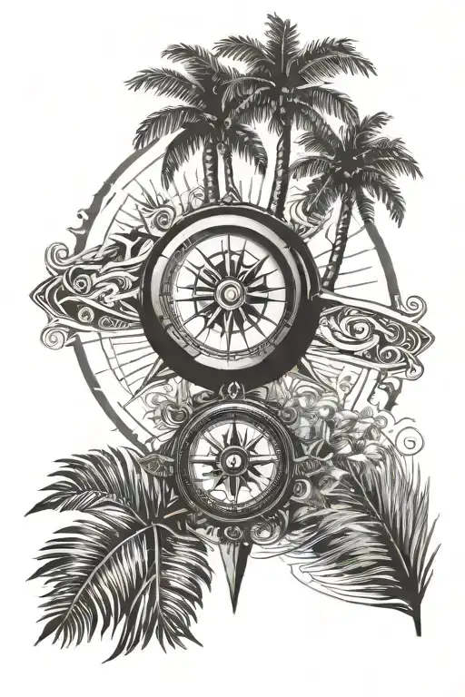 compass eye palm tree tattoo design idea
