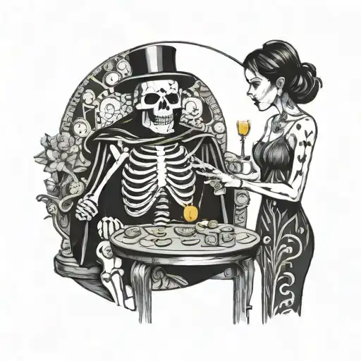 skeleton giving coin to fortune teller, fortune teller says "it'll be okay" tattoo design idea