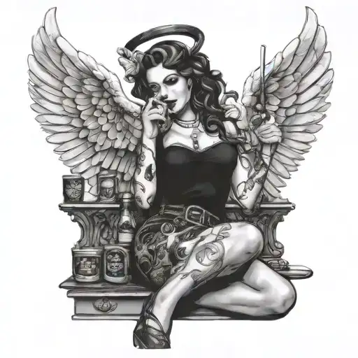gothic pinup angel drinking jack daniels smoking a cigarette tattoo design idea