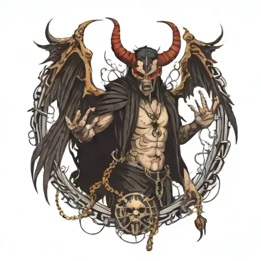 Imagine a devil with an evil face and big dark wings in the middle of the picture. He may have chains on his hands and f tattoo design idea