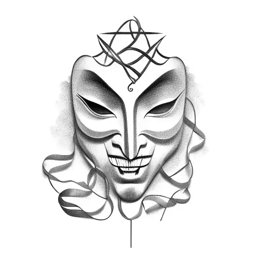 A dramatic theater mask with a pen and script entwined, representing the client's love for acting and writing tattoo design idea